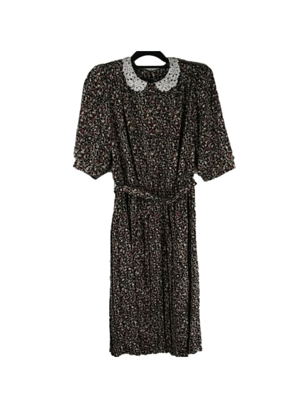 Breli Originals Vintage Black Paisley Round Lace Collar Short Sleeve Midi Dress